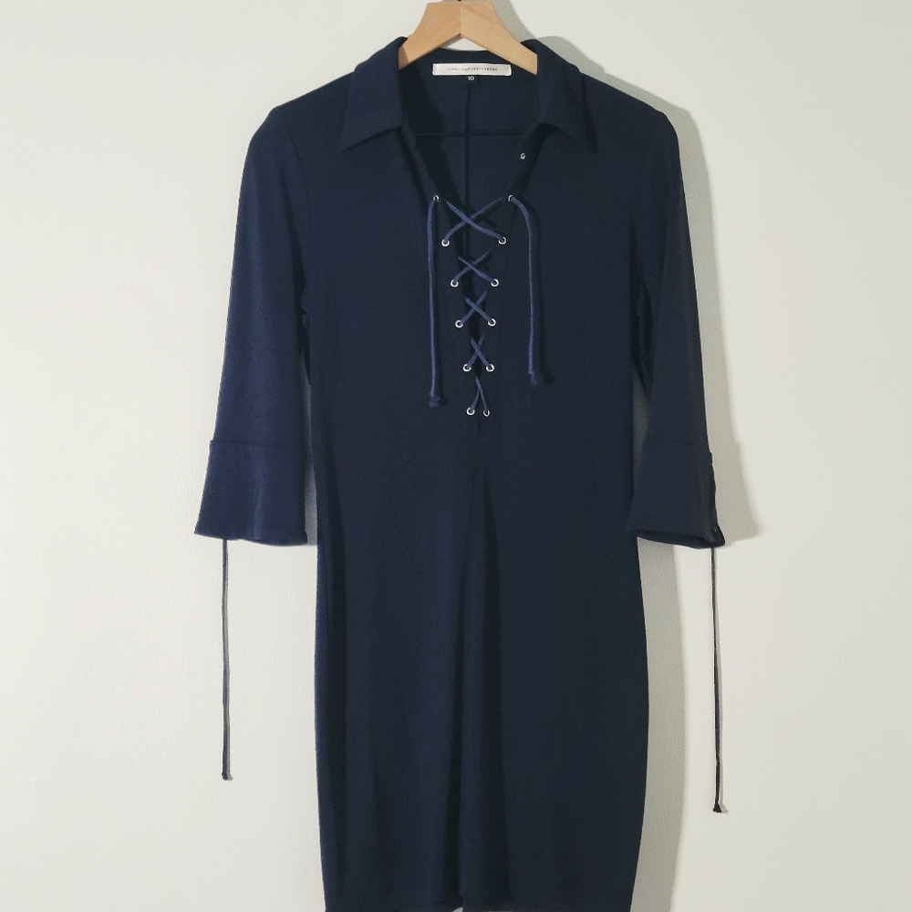 Diane Von Furstenberg Shirt Dress Mini Navy Blue Lace-Up Details